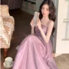 Purpletank Women's Summer 2024 New Elegant Mermaid Long Dress Slimming Solid Color Waist-fitted Vacation Dress