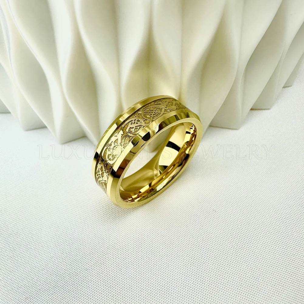 

Tungsten Wedding Ring 8mm 6mm For Women Men Beveled Edges Gold Dragon Inlay Polished Finish High Quality Comfort Fit