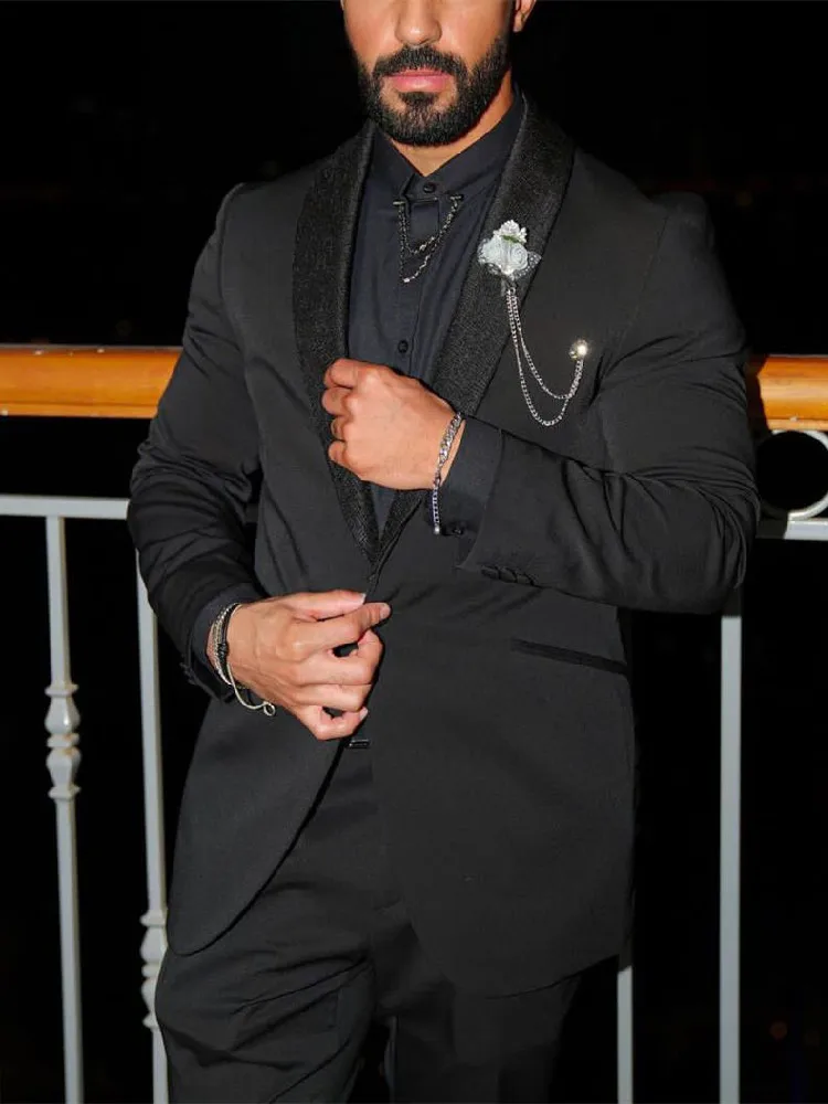 Black Men's Suits Tailor-Made 2 Pieces Blazer Pants One Button Sequins Sheer Lapel Slim Fit Fashion Business Wedding Tailored