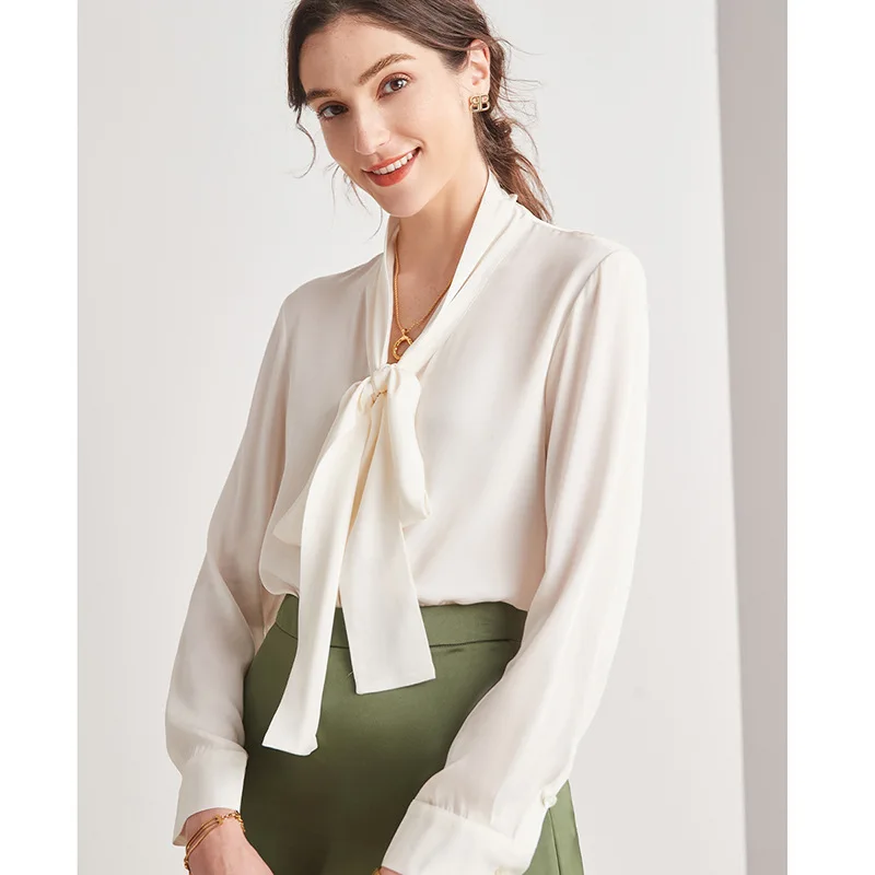 

2022 korean Women Shirt bow Collar Heavy Mulberry real Silklong sleeved Shirt White Tops elegant high quality silk shirts