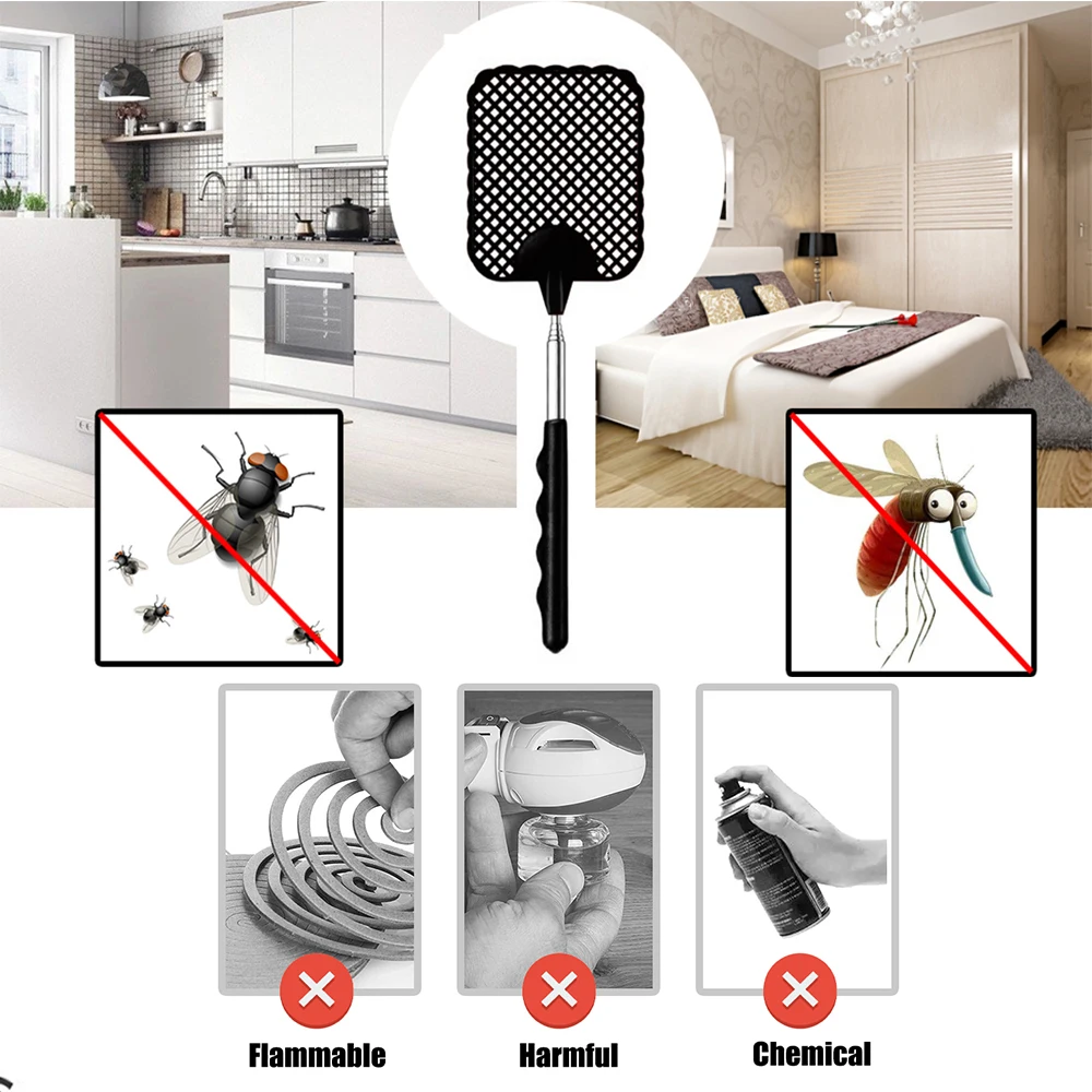 Retractable Fly Swatter Mini with Non-slip Plastic Handle Stainless Steel Adjustable Rod Flapper Insect Killer for Home Kitchen