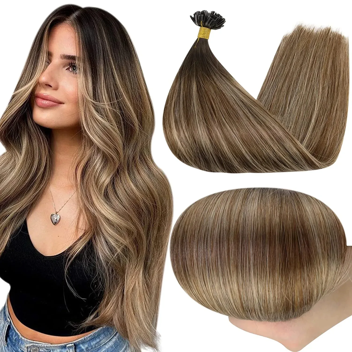 Full Shine Fusion Nail U Tip Hair Extensions Balayage Color Keratin Glue Beads Estensioni Dei Capelli Umani Prebonded 50G Machine Remy