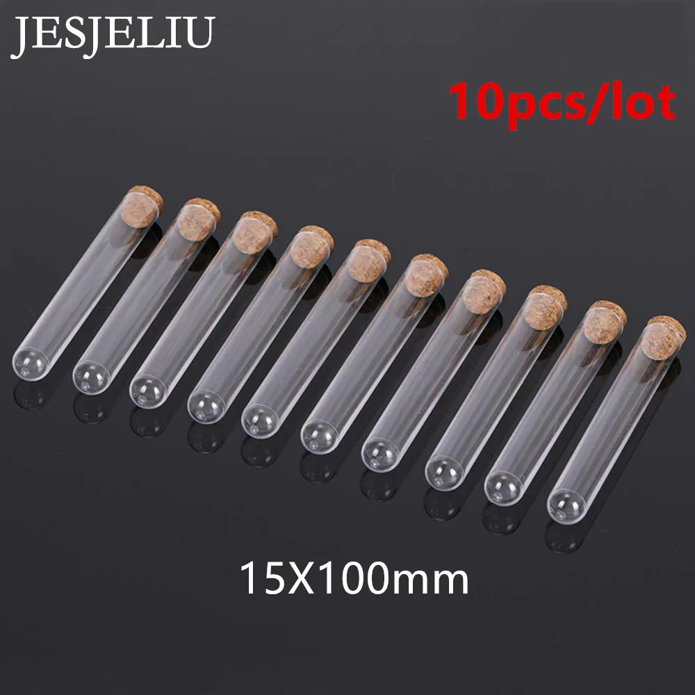 

JESJELIU 10pcs Transparent Plastic Round Bottom Test Tube With Cork Stoppers Empty Experiment Test Tube School Supplies 15X100mm