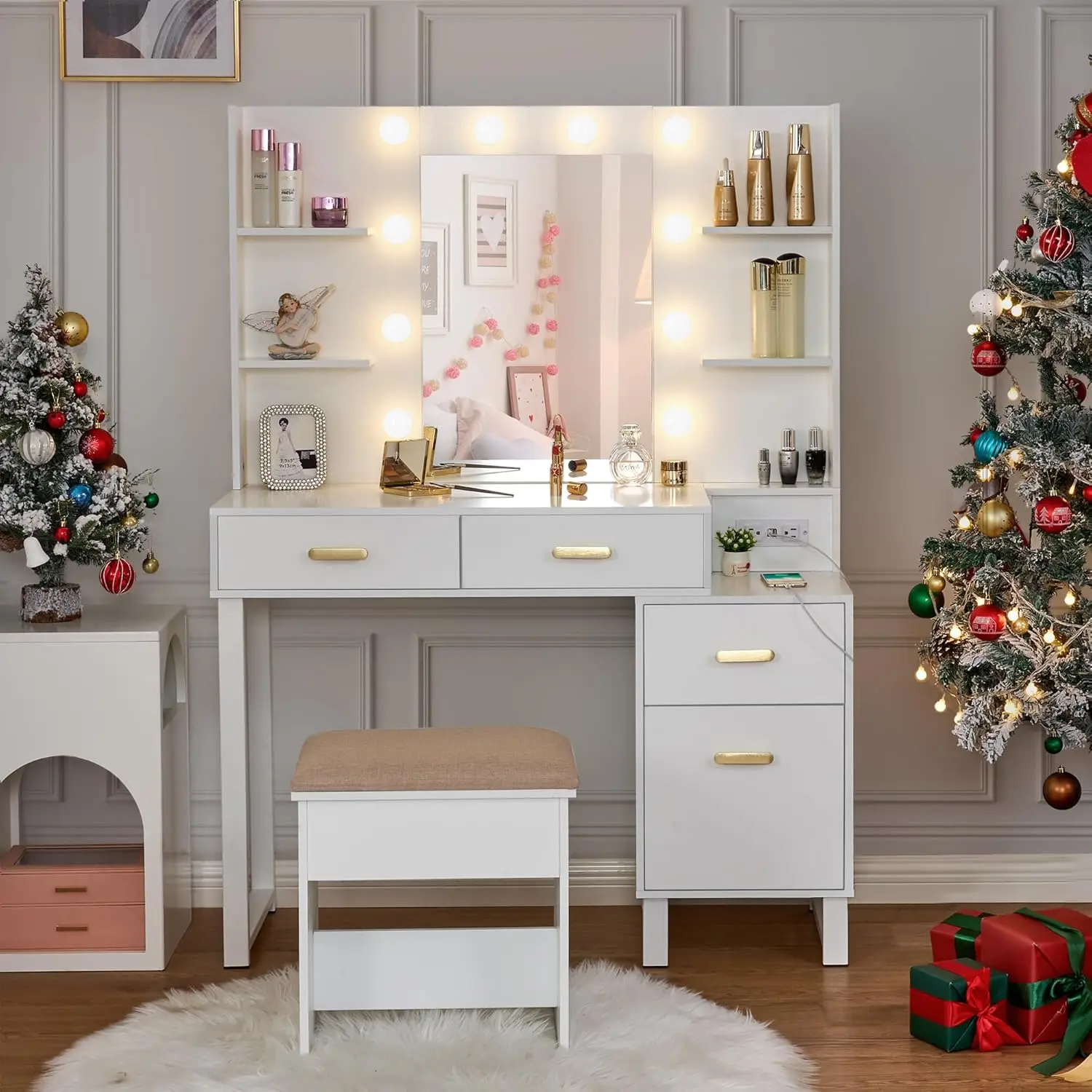 Makeup Vanity Desk Vanity Set with 10 LED Bulbs Lighted Mirror Makeup Table Set with Charging Station Nightstand 3 Colors