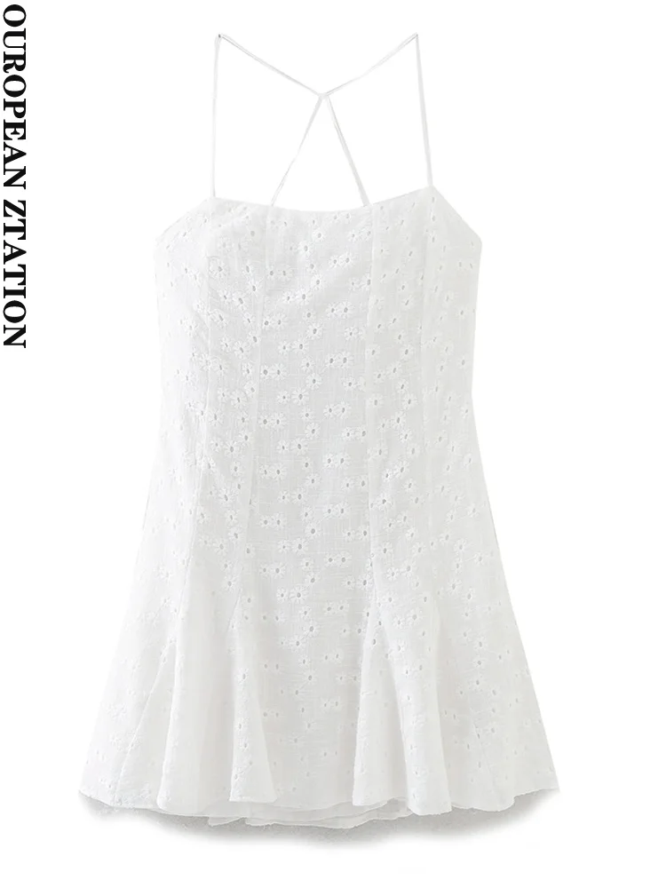 

PAILETE Women 2023 fashion cutwork embroidery mini dress vintage straight neck thin straps female dresses vestidos mujer