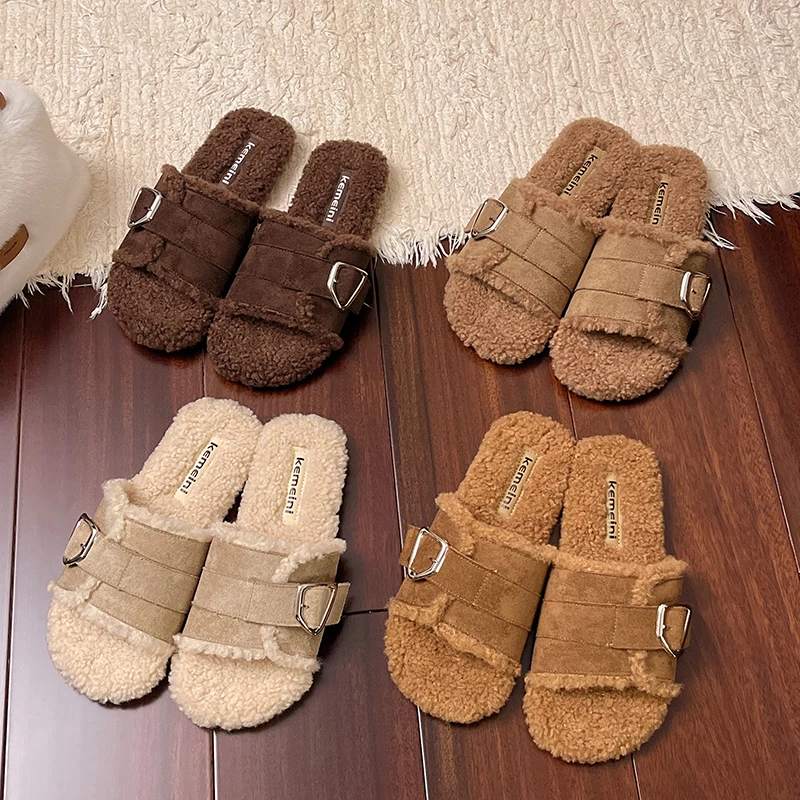 Aphixta Suede Upper Metal Buckle Dec Women Warm Cotton Slippers Flat With Woman Shoes Round Toe Slip On Fashion Ladies Shoes