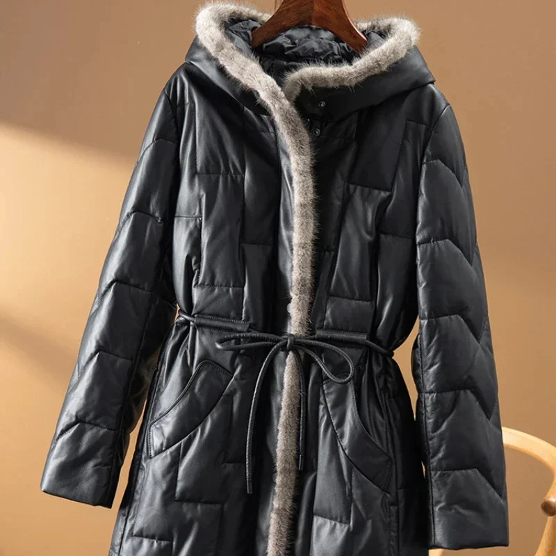 

2024 New Winter Jackets Women Coats Mink Fur Hooded Leather Down Coat Female Long Real Sheepskin Slim Fit Fashion Puffer Jacket