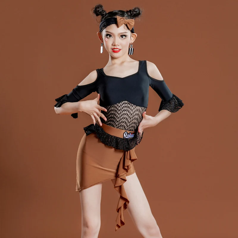

Kids Latin Dancing Outfit Girls Off-Shoulder Bodysuit Skirt Split Suit ChaCha Performance Wear Samba Sala Dancewear DL10017