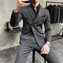 

High-quality Men's Suits Korean Slim Double-breasted Striped Suits Casual Handsome Groom Dresses Best Man Suit Two-piece Suit