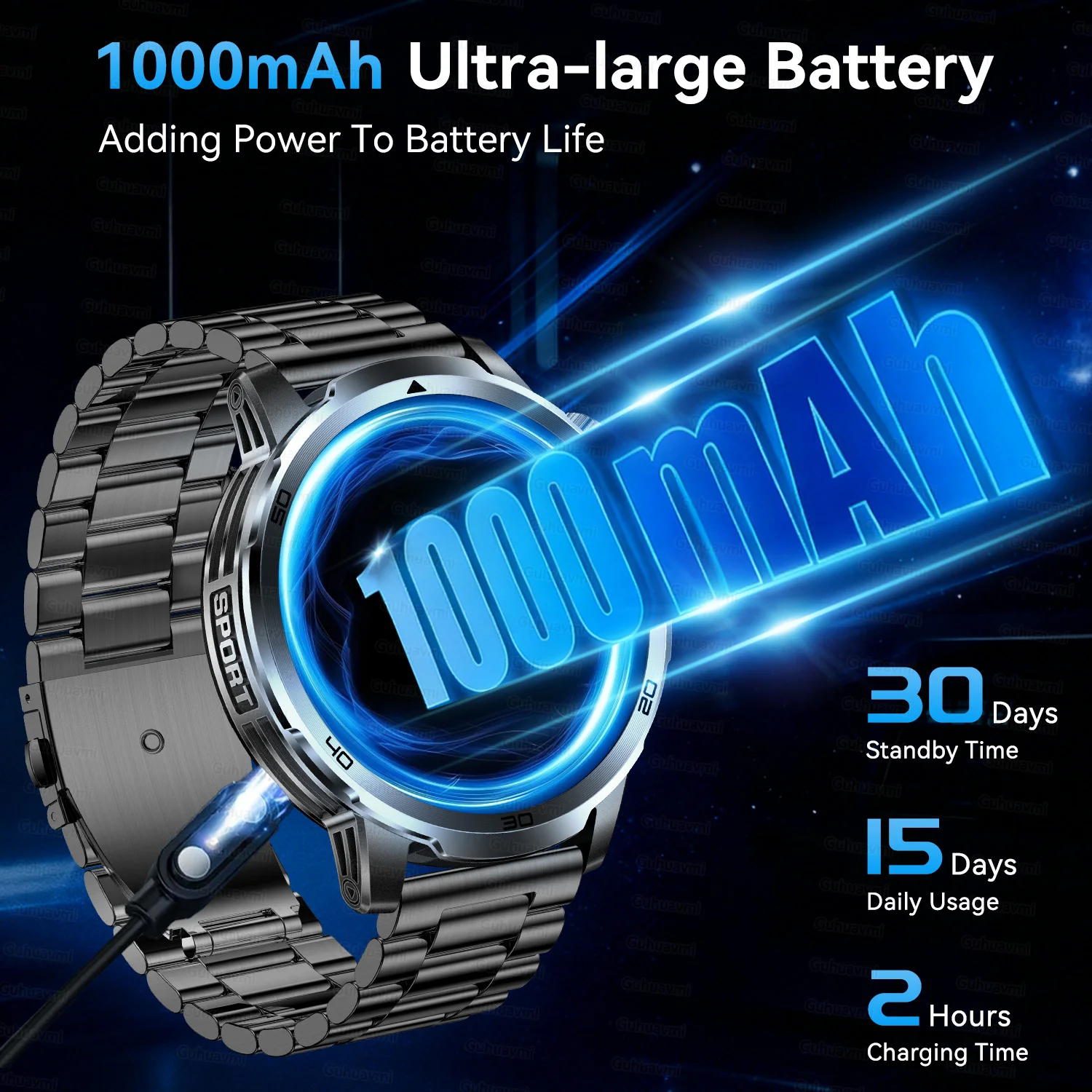2026 새로운 군용 울트라 1000mAh 배터리 스마트 워치 1.85 HD 대형 스크린 방수 LED 손전등 스포츠 스마트 워치 남성 여성