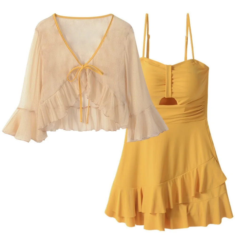 

Слитный купальник из полиэстера с юбкой, новый однотонный комплект из двух предметов с длинным рукавом и толстовкой, купальник