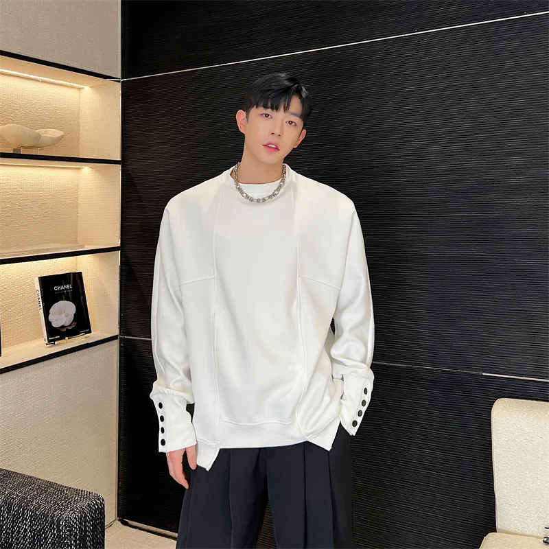 Autumn Fashion Cuff Multi-Button Sweatshirts Men's Irregular Design Pullover Leisure Fashion Long Sleeve Contrast Color Tops