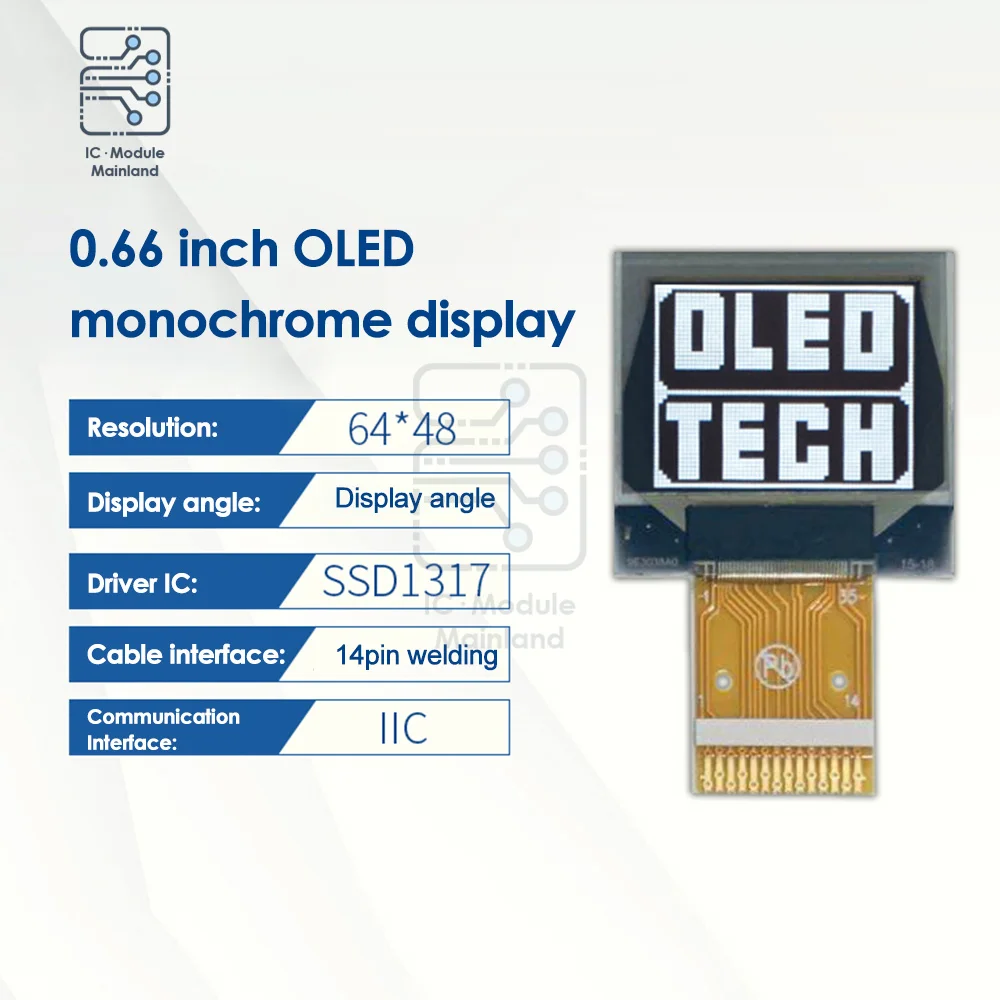OLED 디스플레이 모듈, 0.66 인치, 14 핀 모듈, ssd1317, 64x48, 0.66 인치 LCD 스크린, IIC I2C, Arduino AVR STM32 화이트