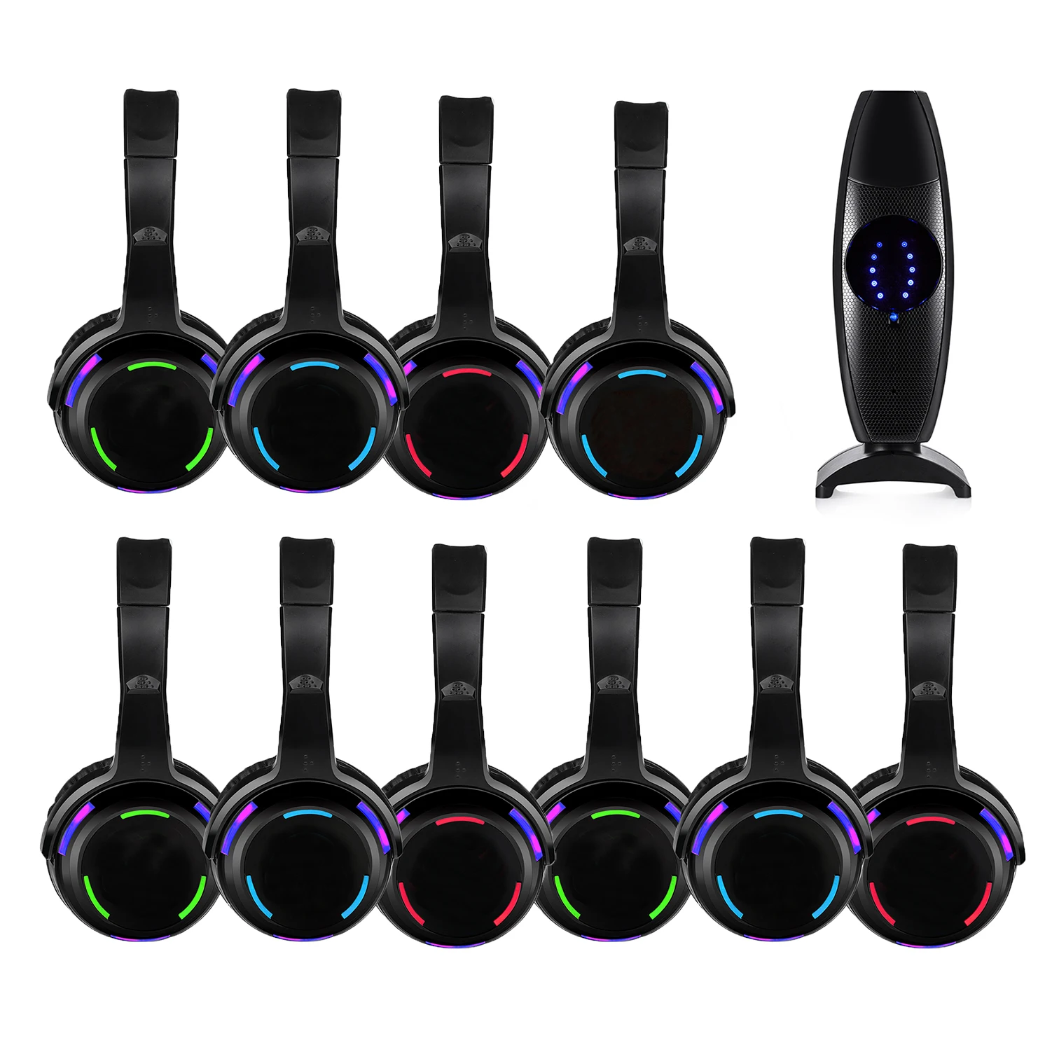 Silent Disco Party Headphones Compete System Black Led Wireless Earphone (10 Headset + 1 Transmitter) Hearing Assist in Church