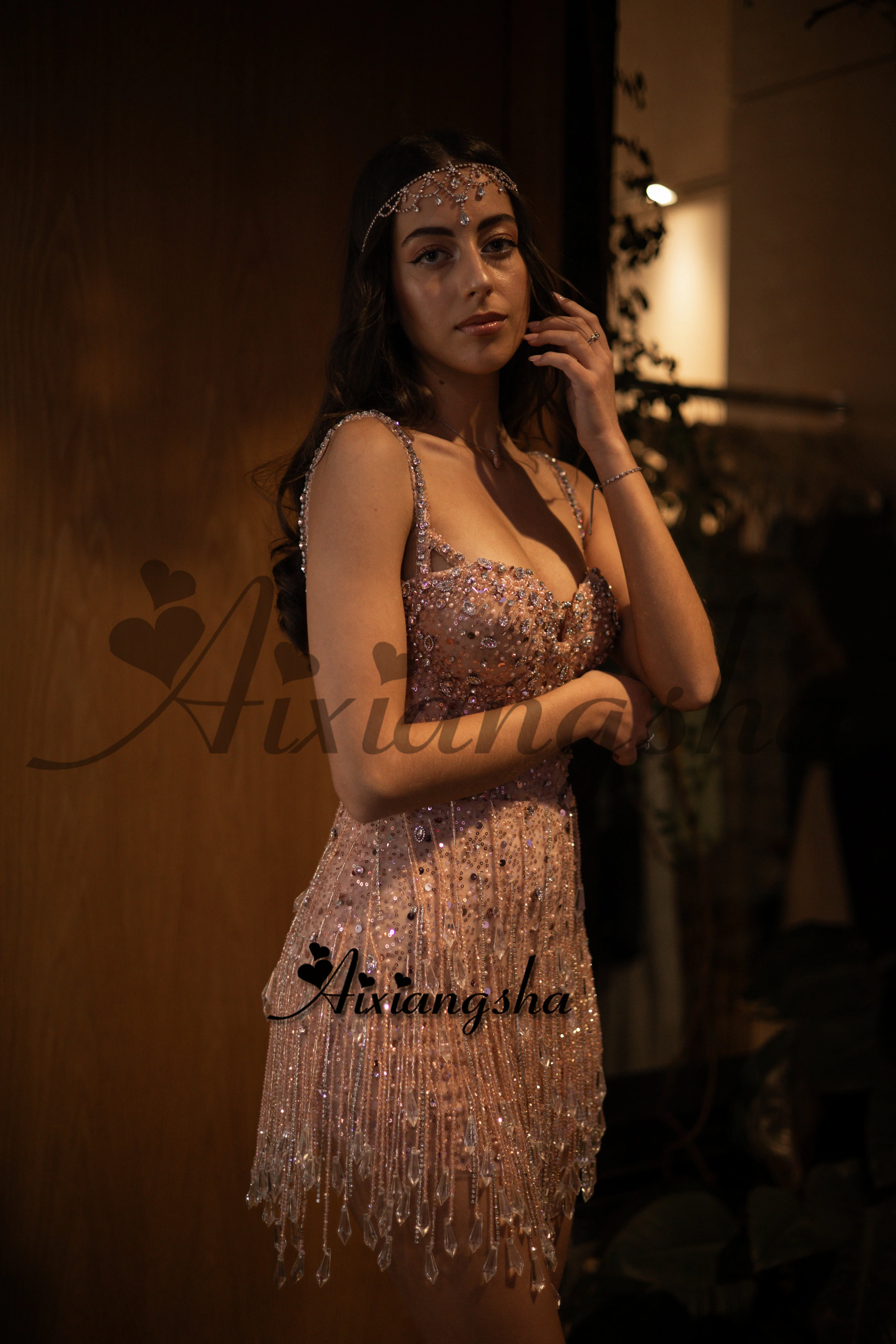 Aixiangsha Dazzling Mini Prom Dresses for Women Spaghetti Straps Rhinestones Tassel Sheath Vestidos De Noche Customized 3