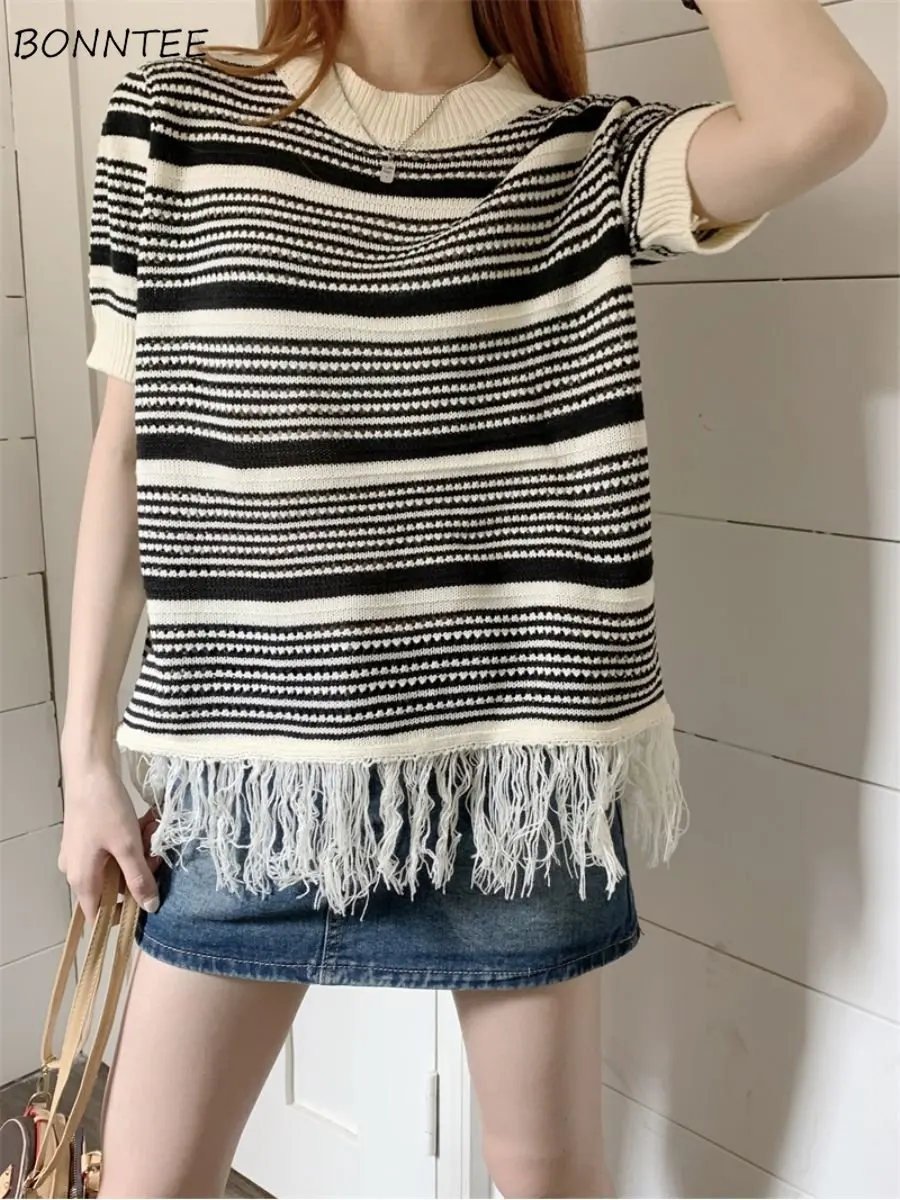 

Вязаные Пуловеры в полоску с кисточками, Женские Мешковатые винтажные летние литературные студенческие простые шикарные классические пуловеры в стиле Харадзюку, Новинка