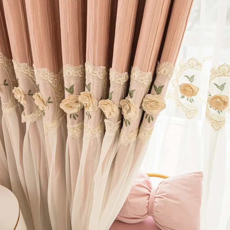 French Lace Double-layer Milk Tea Embroidered Yarn Splicing Curtains for Living Room Bedroom French Window Customized Products