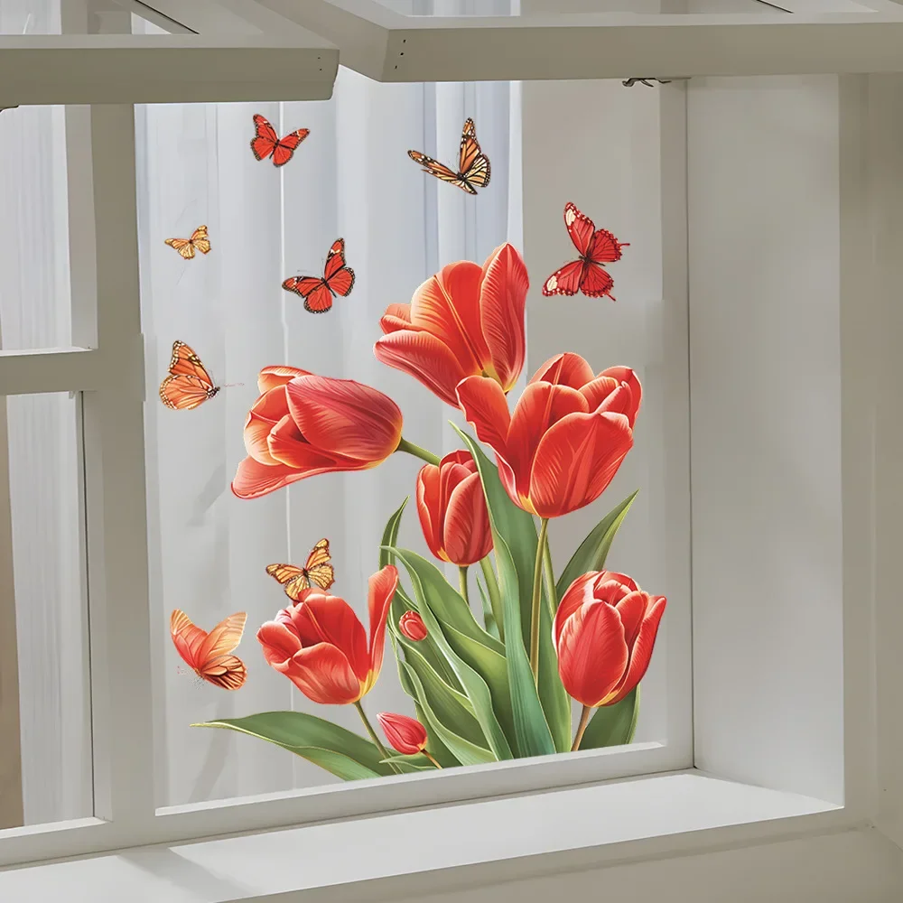 1PCS Small Fresh Painted Tulip Butterfly Glass Window Home Landscaping Decoration Electrostatic Uv Window Stickers