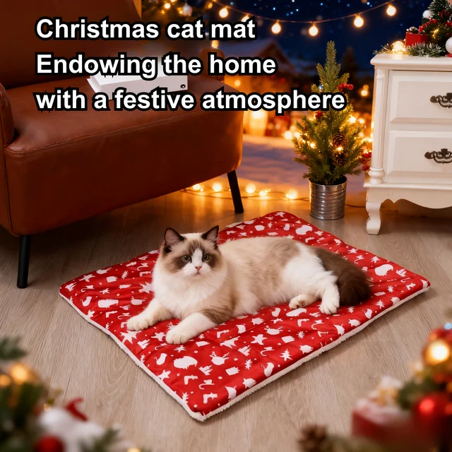 Christmas Thickened Pet Bed Mat - Cozy Red Cartoon Print Cat & Dog Bed, Durable Polyester for Pets, Holiday Home Decor, Pet Bed 2