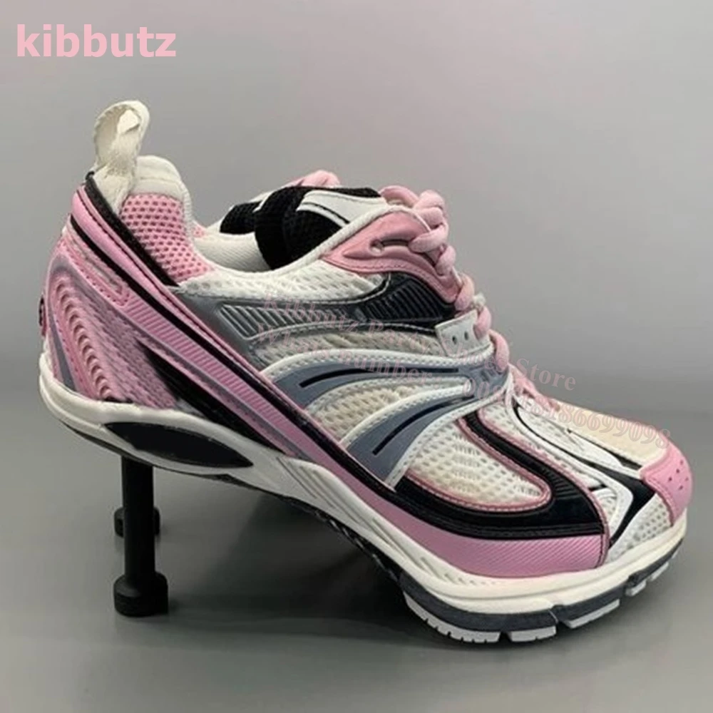 Patchwork Thin Heels Sneakers Mixed Color Round Toe Lace-Up Novelty Sexy Luxury Fashion Runway Show Comfortable Women Shoes New