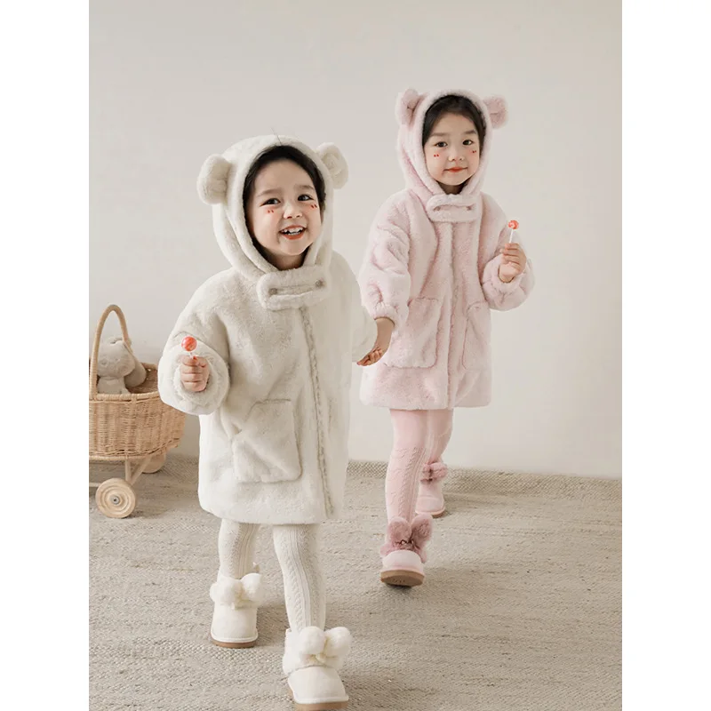 

Baby Girls Winter Plush Jacket Kids Cute Bear's Ears Hooded Zip-up Coat Children Warm Thick Casual Outerwear Winter Jacket