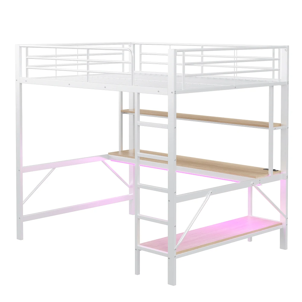 140*200cm Hochbett, mit mehrschichtigem Trennregal und Schreibtisch, Metallbett mit USB und Steckdose, mit LED-Leuchten, (ohne Matratze) – Detail 36