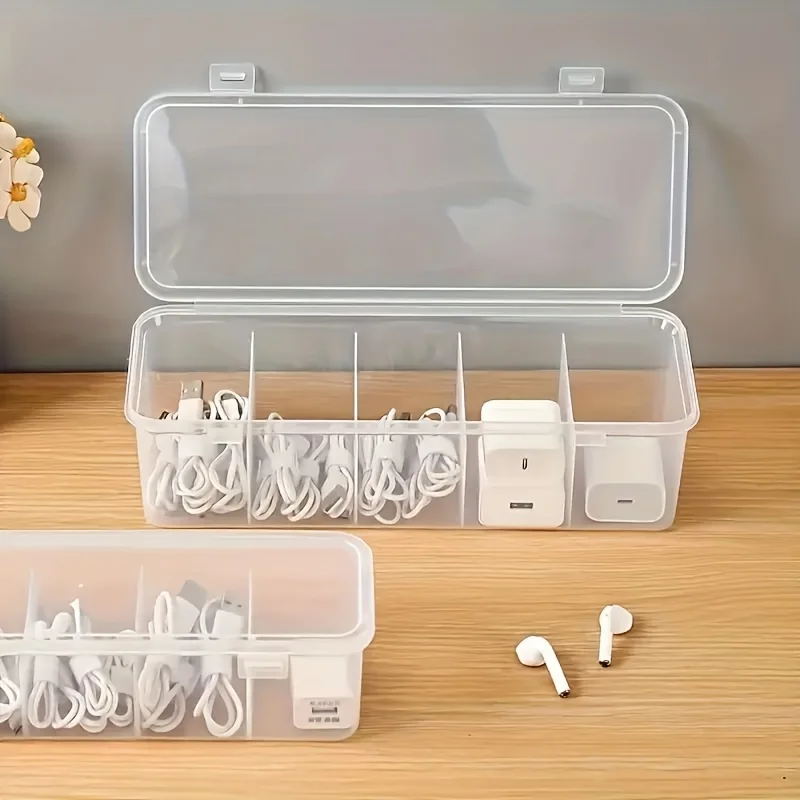 1pc 5-Compartment Clear Plastic Organizer Box,Durable Polypropylene Storage Case for Cables, Batteries,Small Items