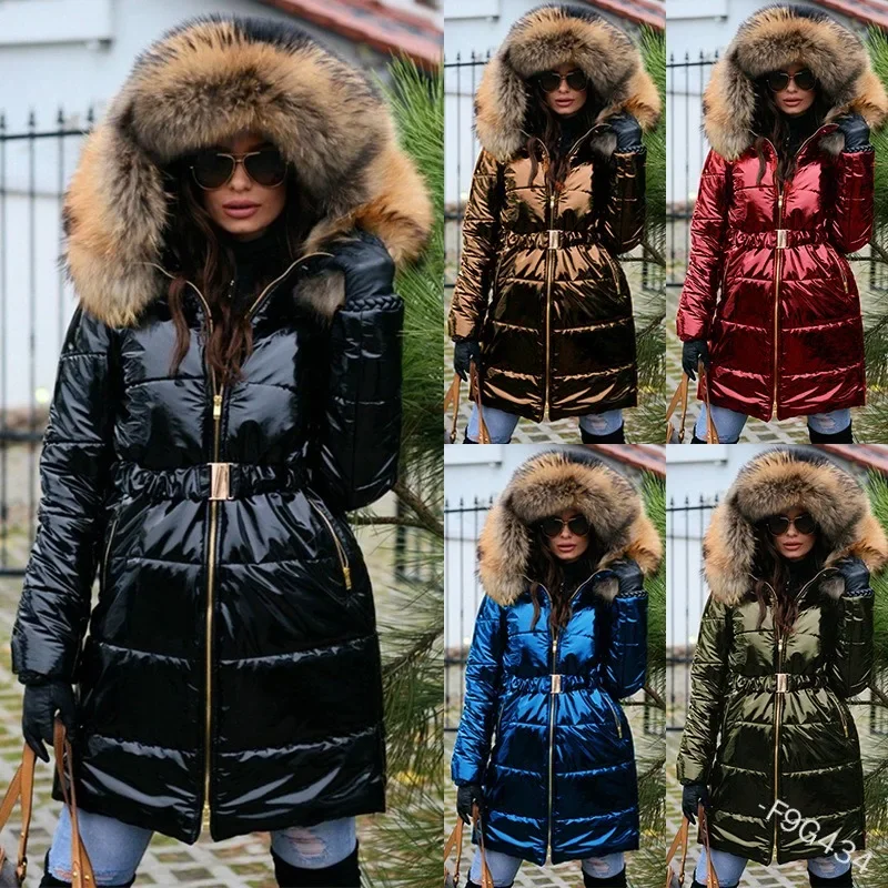 

Wepbel Women Trendy Parkas Mid-Length Cotton-Padded Down Coats Big Fur Collar Coats Hooded Glossy Fashion Warm Jacket Outwear