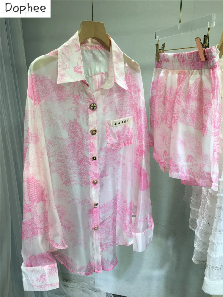 Fashion Ink Printing Summer Women Two-piece Set Mid-long Pink Long Sleeve Shirts + All-match Elastic Waist Wide Leg Shorts Suits