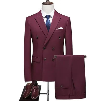 Men Suit 2 Pieces Burgundy Slim Formal Double Breasted Solid Color Fit Business Wedding Evening Set Jacket And Pants