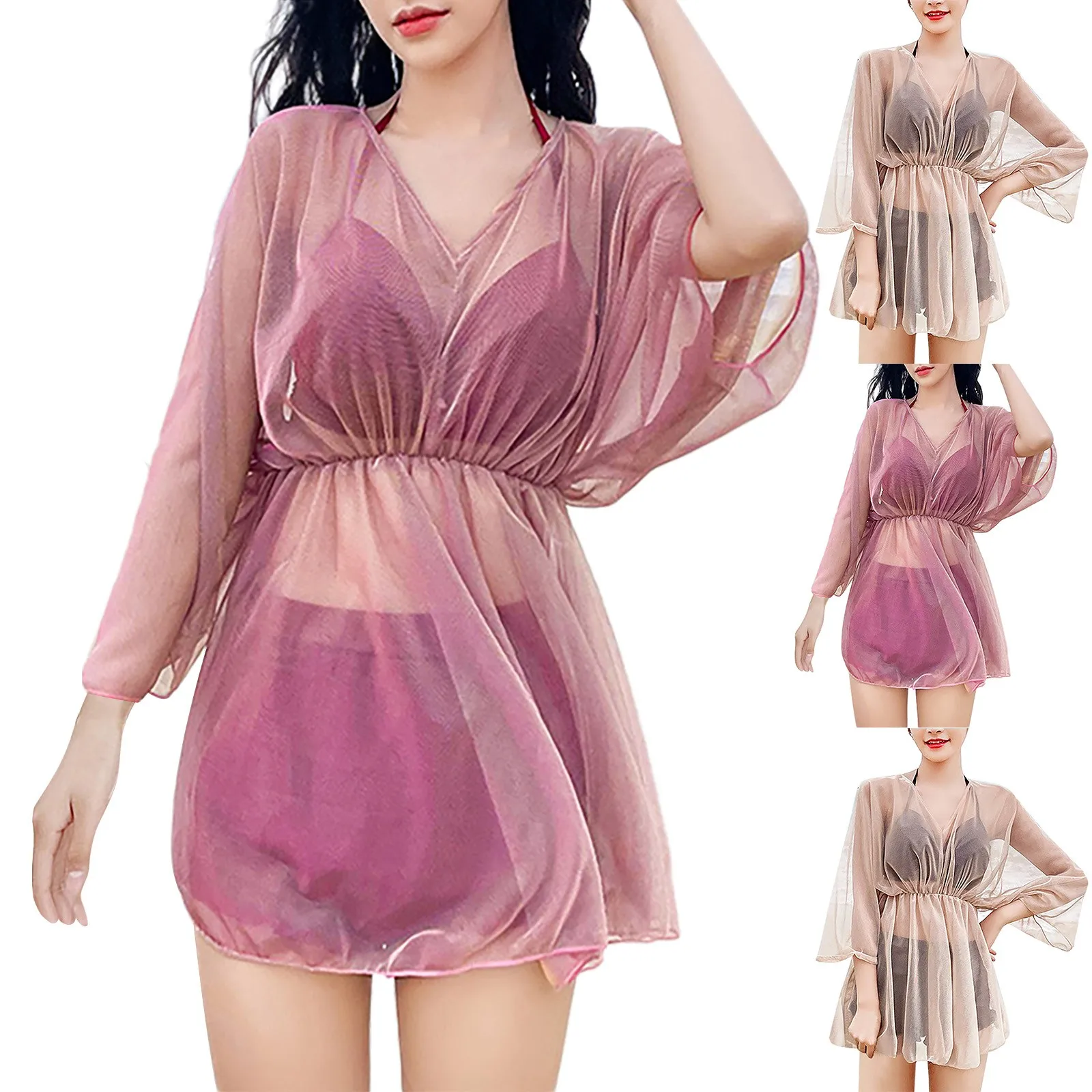

Women Fashion Solid Color Split Three Piece Beach Blouse Bikini Hot Spring Bathing Swimsuit