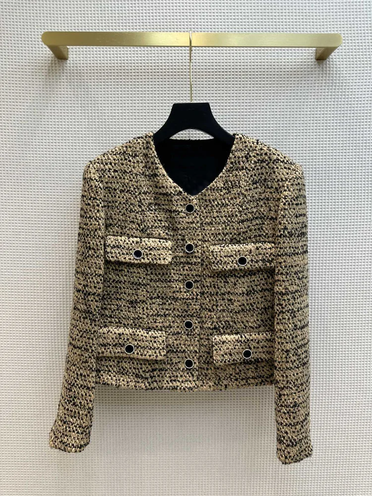 

2023 New Women Prefall Casual single-breasted Comfortable Fashion Classic Vintage V-Neck Plaid Tweed Jacket