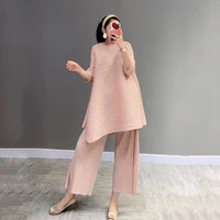 Miyake Pleated Two Piece Set Long Sleeve Round Collar Pink T-Shirt + Wide Leg Pants Casual Style Loose Fall 2022 Winter Fashion 2