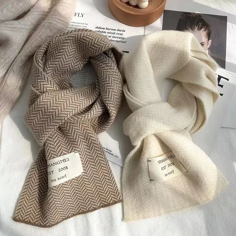Women Winter Scarves High Quality Knitted Scarf Korean Style White Vintage Stripe Pattern Scarves Winter Outdoor Warm Scarves 2