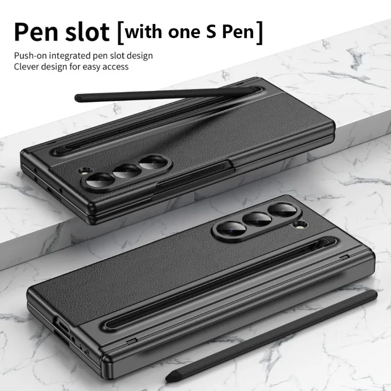 Luxury Leather Phone Case with S Pen Holder & Hinge Protection - Skin Feel & Shockproof Design