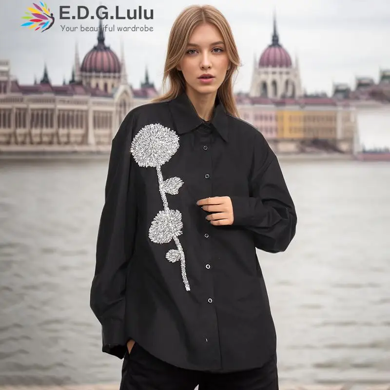 

EDGLuLu 2024 Spring New Fashion Style Turn-Down Collar Water Diamond Flower Shirt Ladies Leisure Loose Black White Shirt 1226