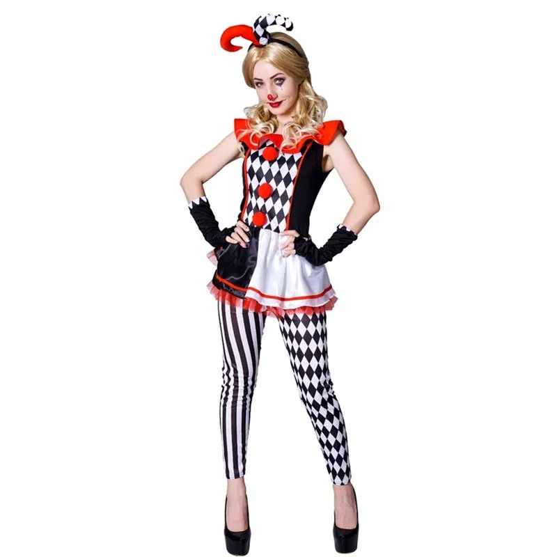 

Women Circus Clown Cosplay Female Halloween Droll Joker Costumes Carnival Purim Stage Role Play Show Nightclub Bar Party Dress