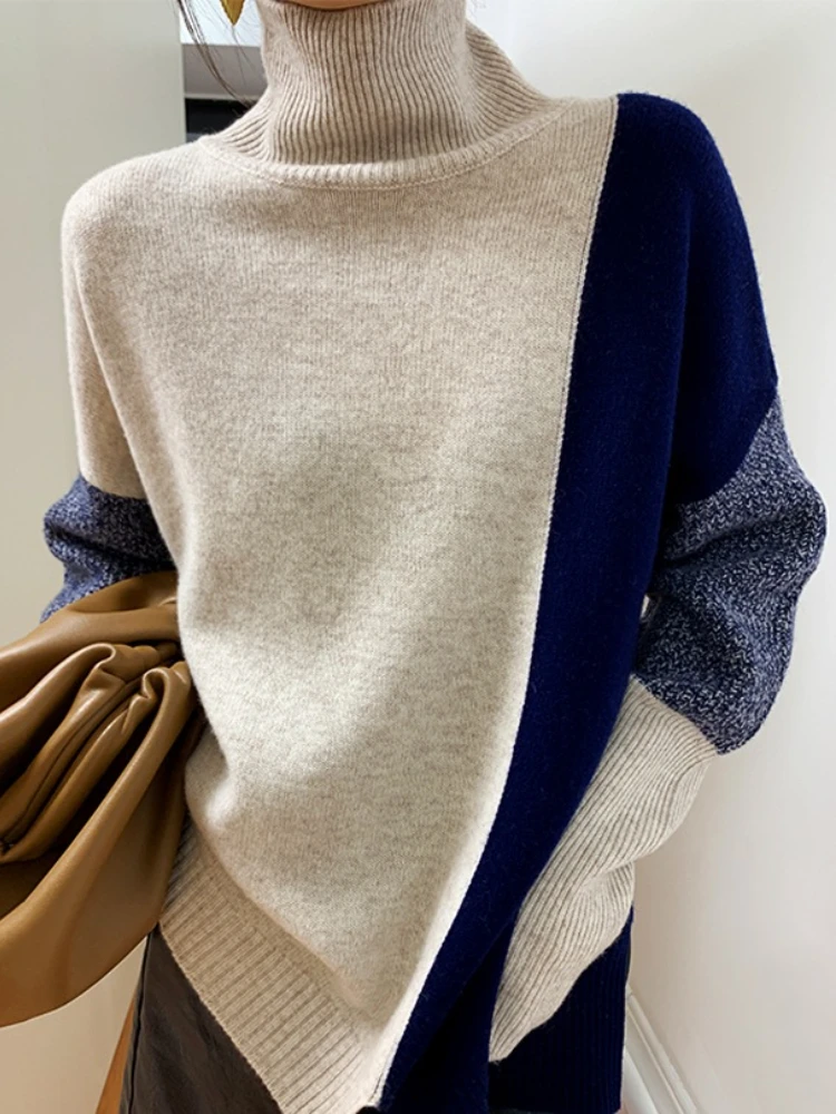 

Women‘s Long Sleeve Spliced Pullover Tops Jumpers Knitted Sweater Women Autumn Winter Korean New Thick Warm Turtleneck Sweaters
