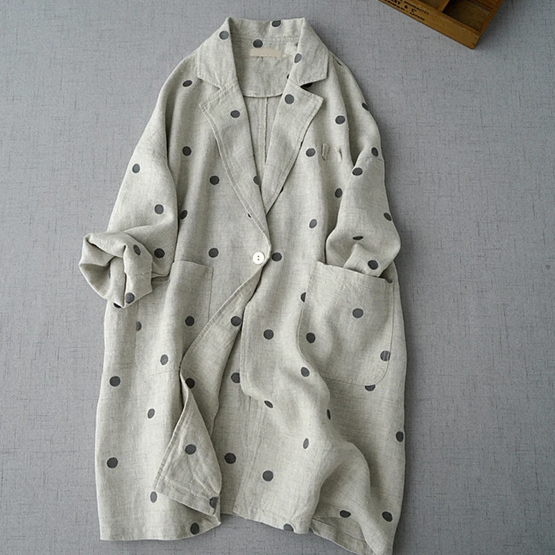 

Cotton and Linen Polka Dot Long-sleeved Suit Jacket Women's 2023 Autumn New Korean Style Artistic Loose Large Size Casual Mid-le