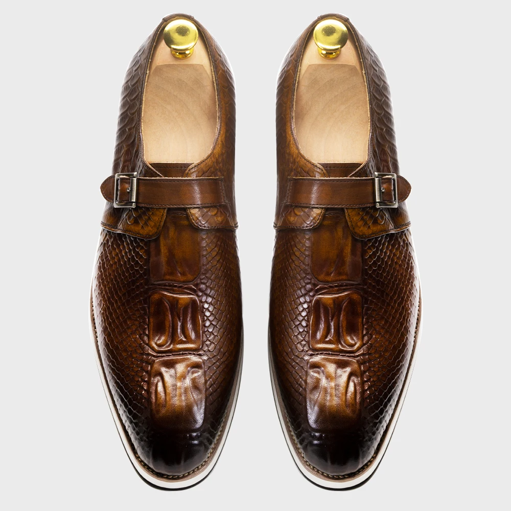 Mens Casual Shoes Genuine Leather Crocodile Pattern Classic Shoe for Men Leather Original Fashion Buckle Monk Strap Sneakers 3