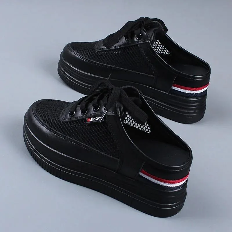 Half Slippers Women's Mesh Surface Hollowed Summer Versatile Student Bones Outdoor Breathable Closed Toe Mesh Casual Shoes White