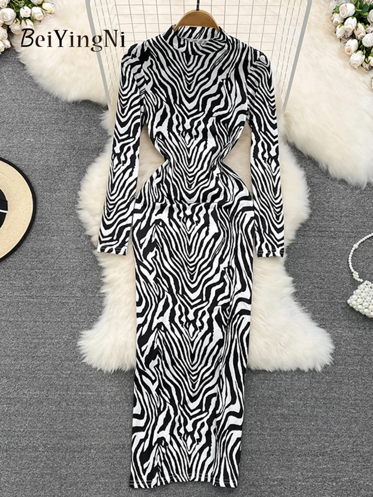 Beiyingni Stand Collar Long Midi Dress Woman Zebra Printed Vintage Y2K  Partu Club Dresses Women Chic Korean Street Vestidos Lady - AliExpress  200000345