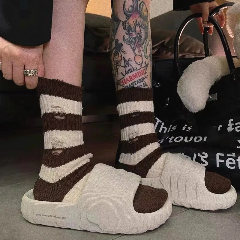 

Ripped Woman Socks Cotton Striped Patchwork Breathable Japanese Fashion Casual Autumn Winter Women's Warm Socks Funny Gifts