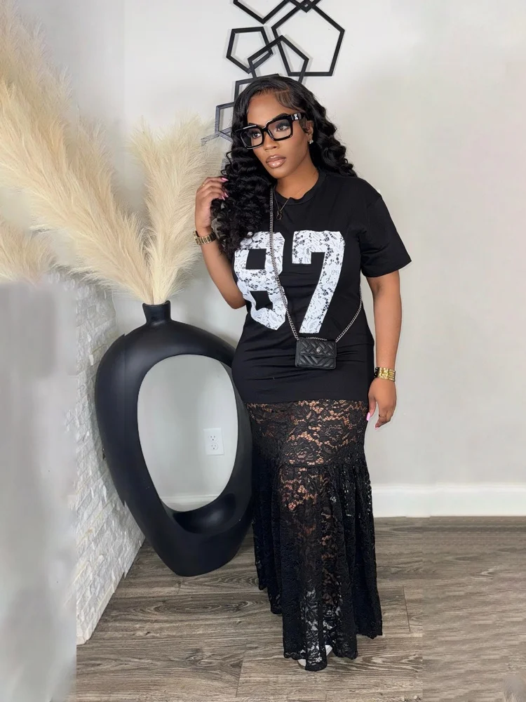 Wmstar 2025 new woman summer Sexy hot  suitable dress Lace dress letter print O neck Short sleeve long thin light dress