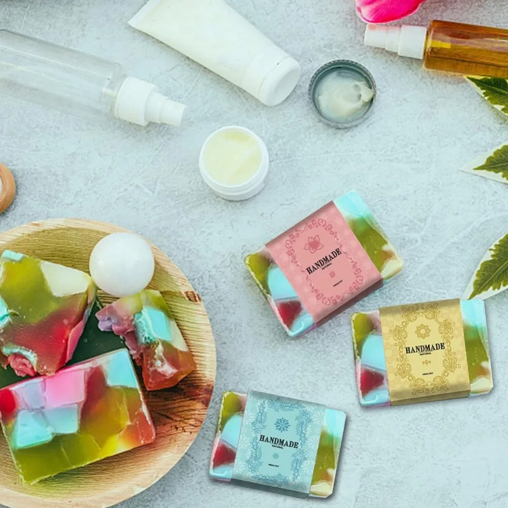 90PCS Handmade Wrap Label Tape 9 Styles Floral Kraft Paper Soap Wrappers Vertical Soap Paper Tag Sleeves Covers for