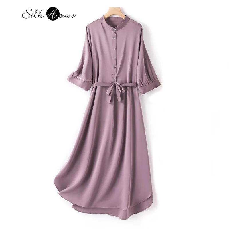 

2024 Fashion Spring/Summer New 93%Natural Mulberry Silk Elastic Double Qiao Satin Round Neck Waist Design Sense Women's Dresses