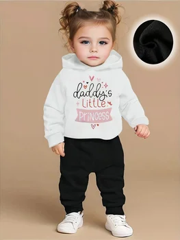 Newborn Baby Girl's Little Princess Letter Heart Print Fleece Hoodie & Lounge Pants Set for Fall/Winter Outdoor Wear 1