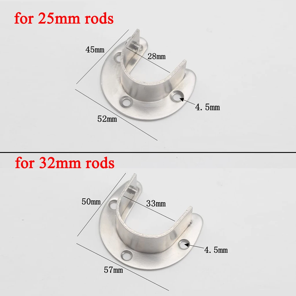 Stainless Steel Shower Curtain Closet Rod Bracket Support Holder U Shape Socket Brace Pole Supporter With Mounting Screws 2Pcs