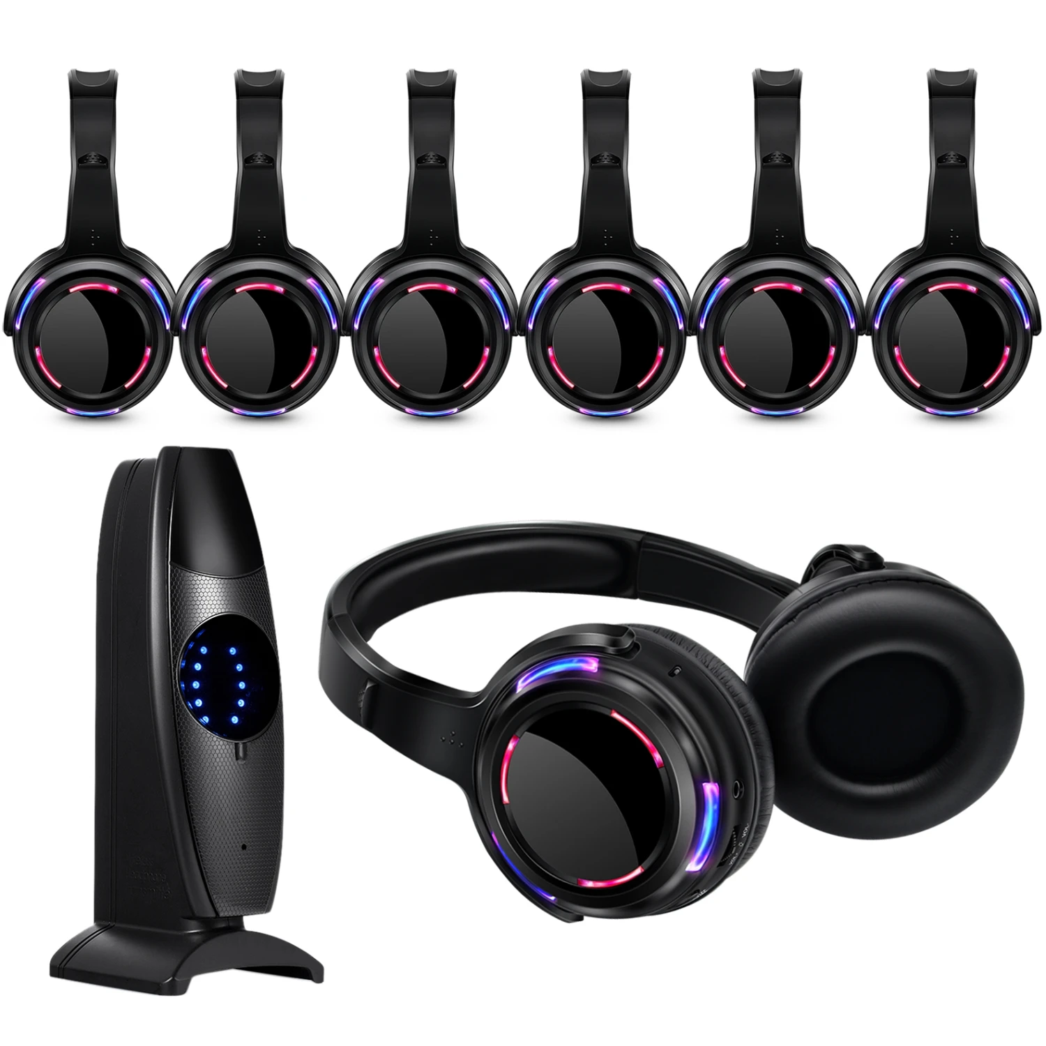 سماعات رأس لاسلكية صامتة مع نظام RF ببطارية قابلة لإعادة الشحن LED للحفلات الصامتة والنوادي والاجتماعات والحفلات الموسيقية
