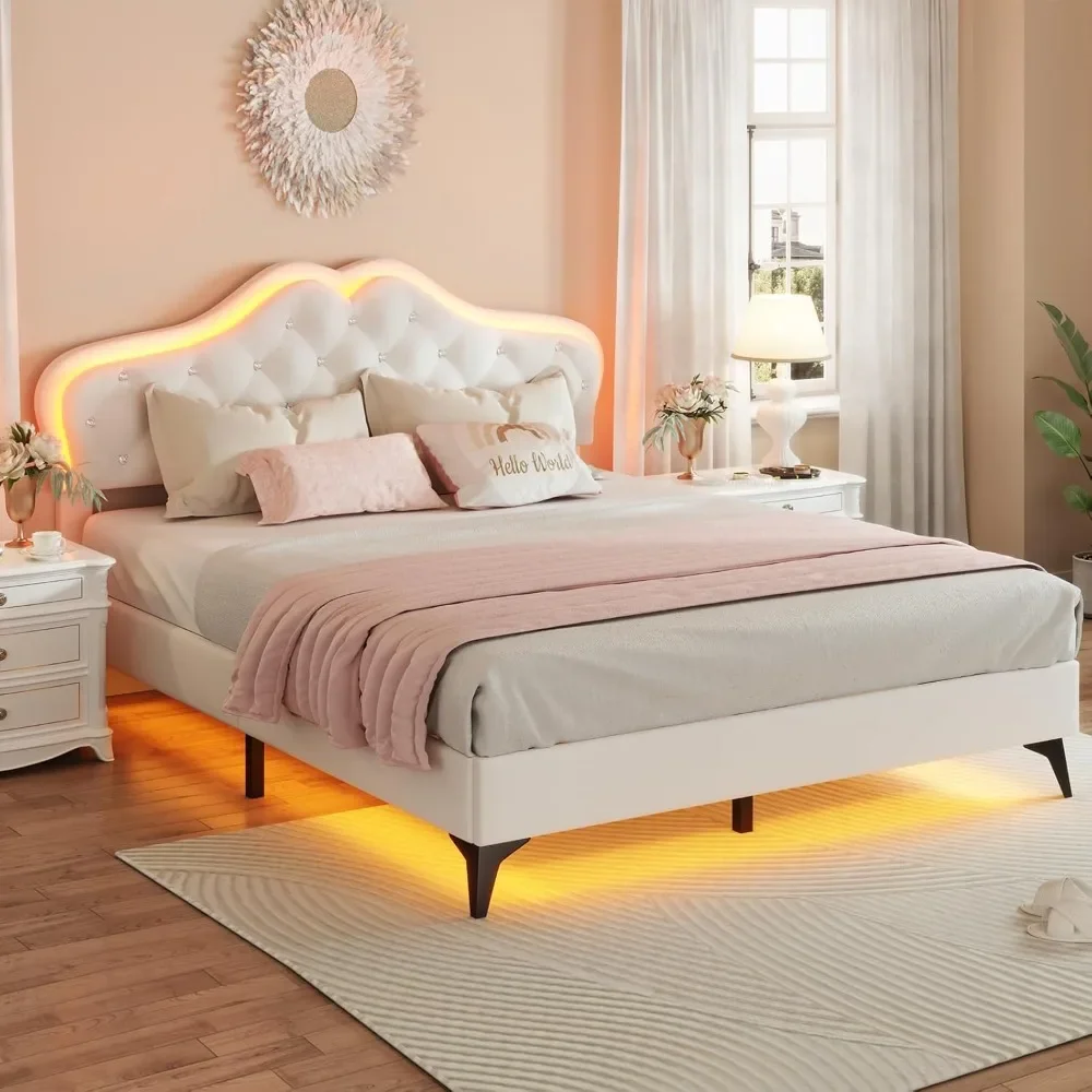 Full Size Bed Frame with LED Lights, Adjustable Headboard, Crystal Button, Solid Wood Slats Support, Princess Platform Bed Frame 4